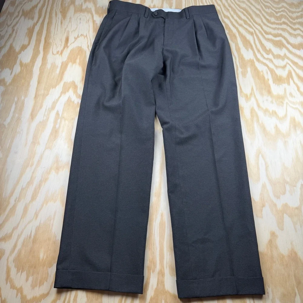 Ralph Lauren Mens Pleated Dress Pants Brown Micro Houndstooth Cuffed 34x30